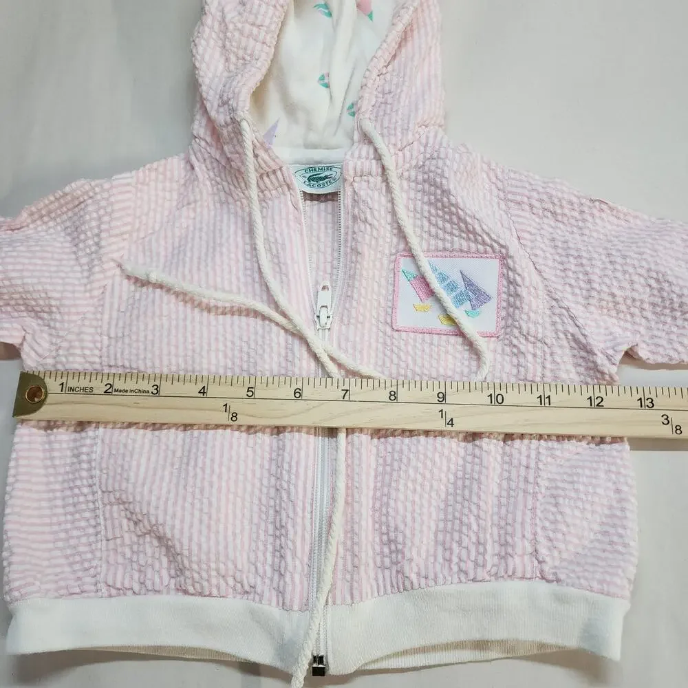 Lacoste Seersucker Jacket Size 12-24 Mths Pink Zip Up Hooded Cotton Vintage 80s